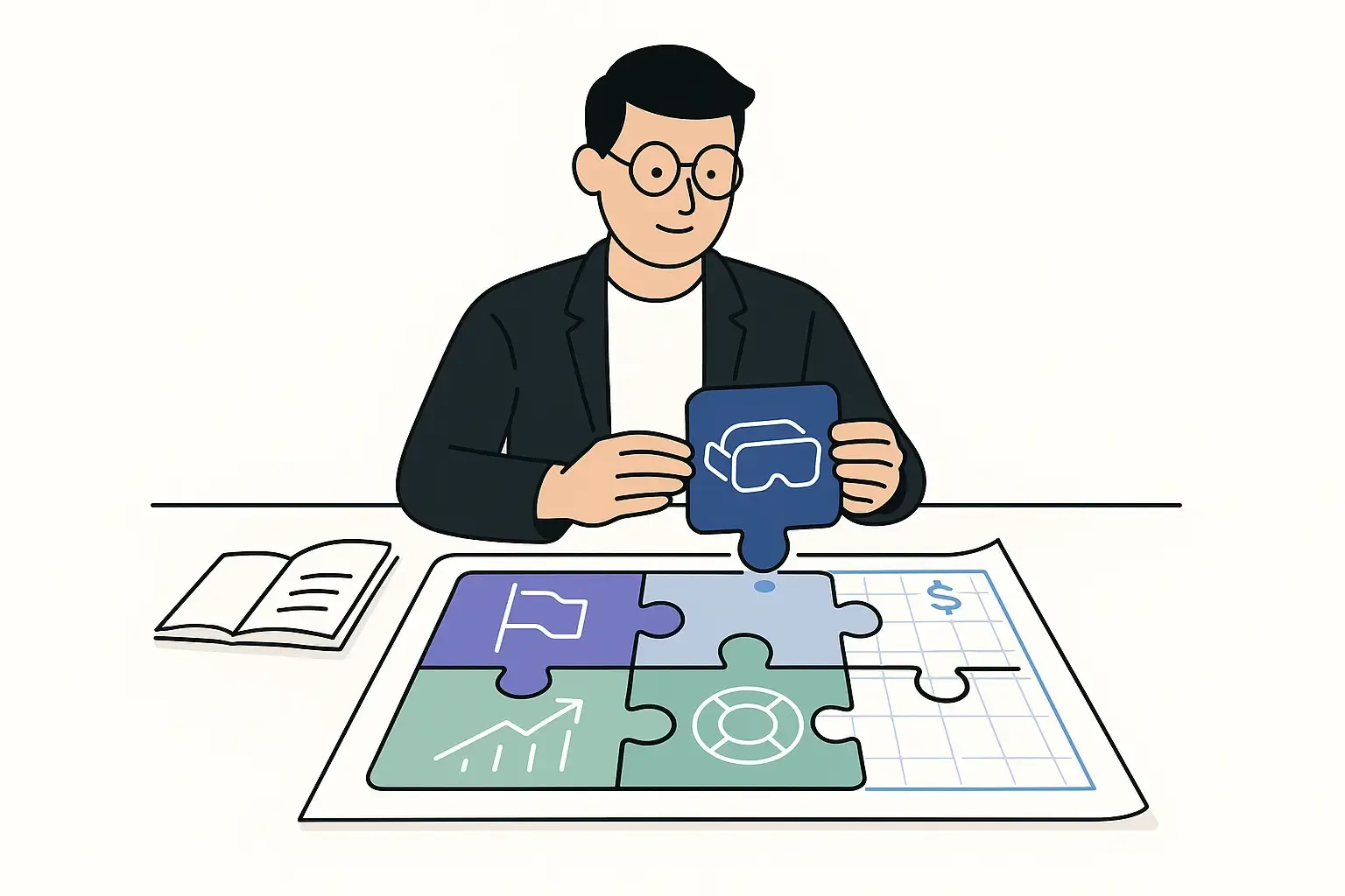 Minimal illustration of a person planning VR, fitting strategy puzzle pieces into a budget blueprint on a desk.