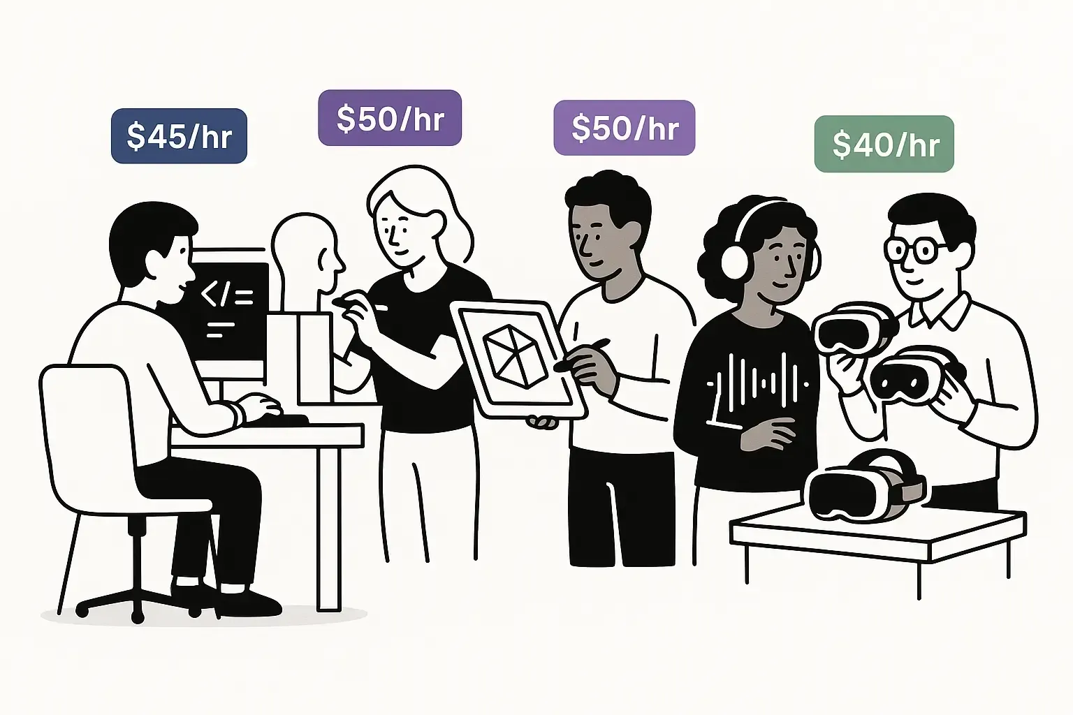 Minimalist VR team: developer, 3D artist, UX designer, audio engineer, QA tester, each with price/hour tags, Notion style.