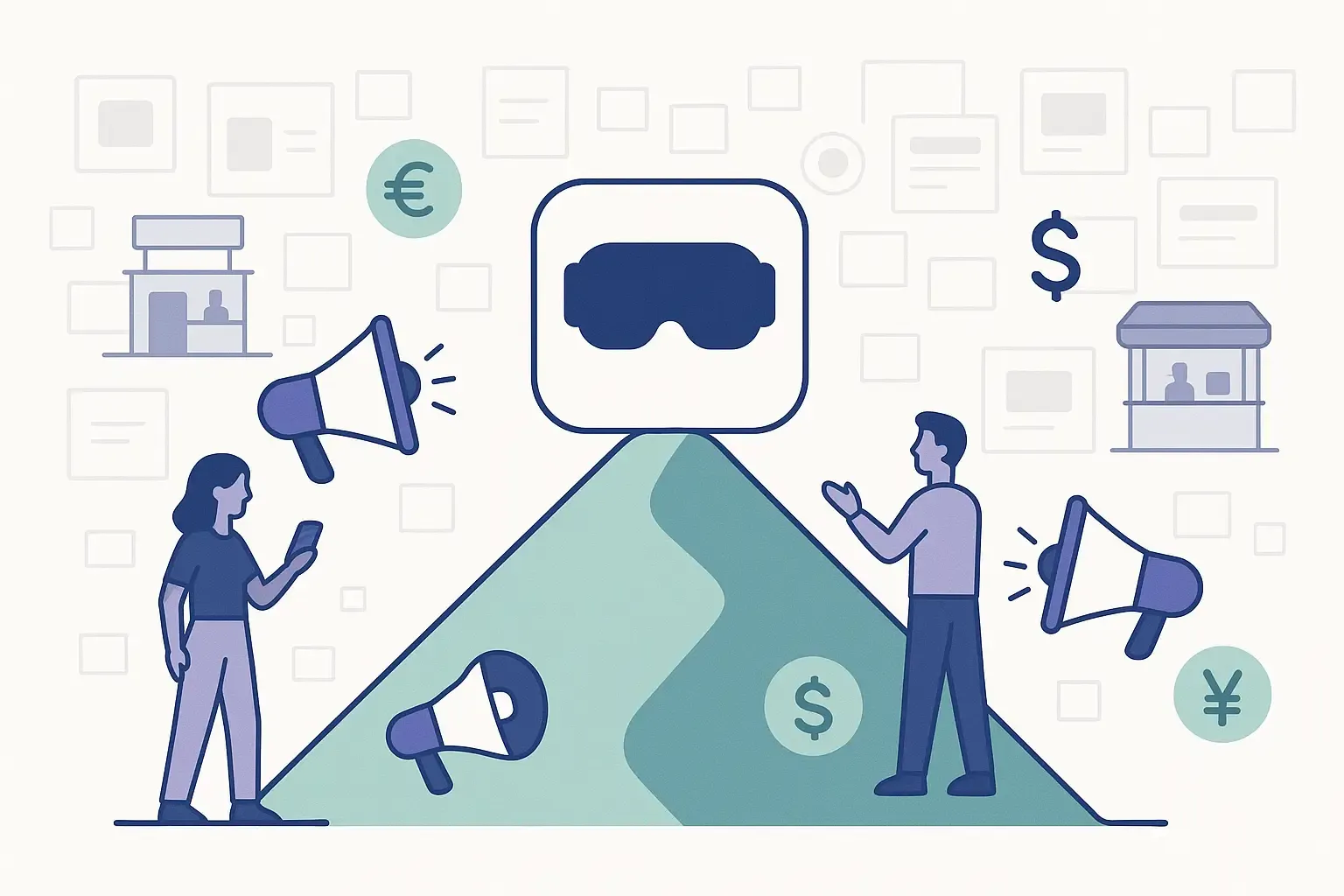 Minimalist VR app icon amid megaphones, influencers, trade booths, currency, in a crowded digital space.