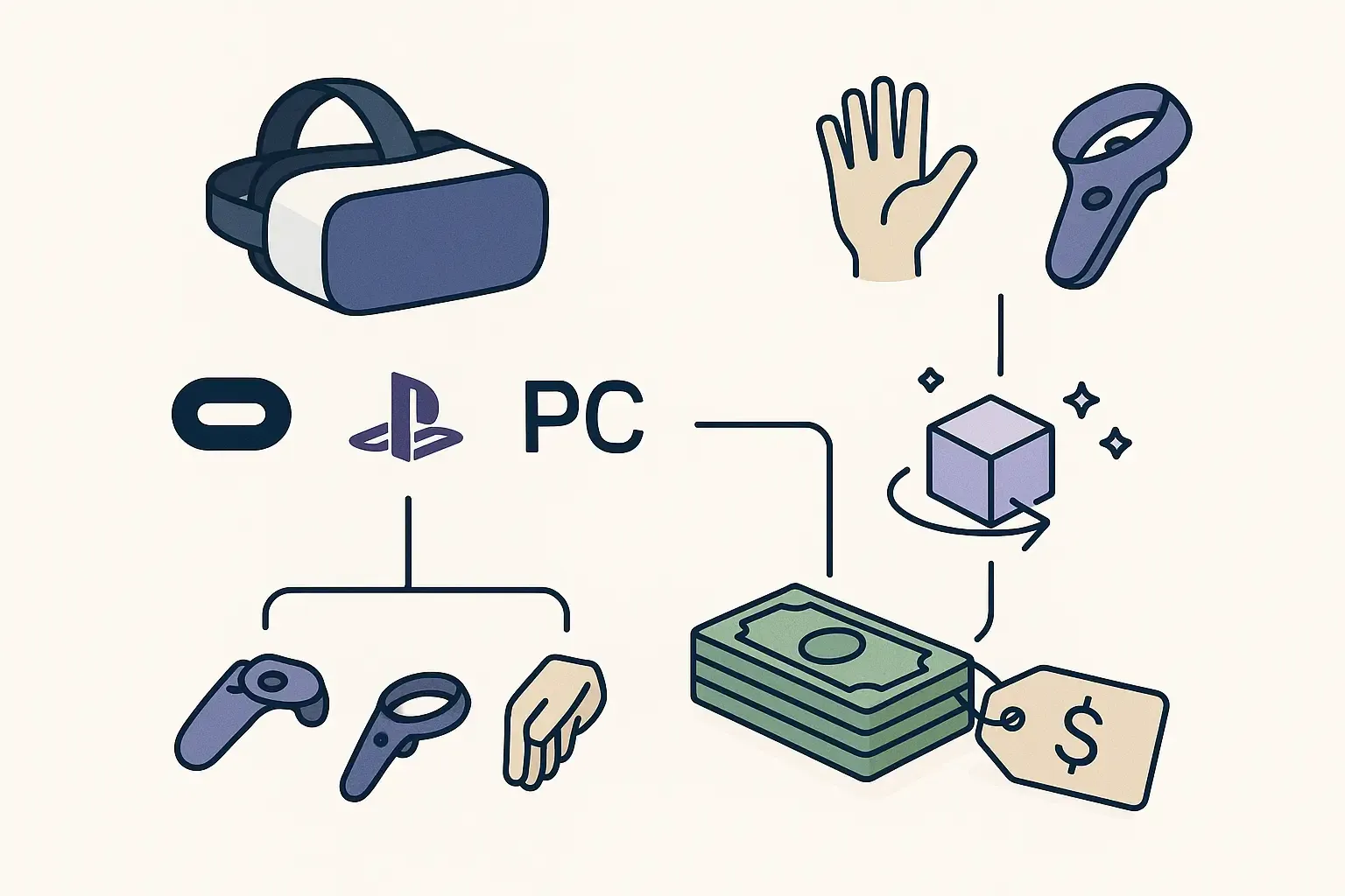 Minimal icons of VR headsets, platforms, features, and content forming stacks of money, showing VR app cost factors.
