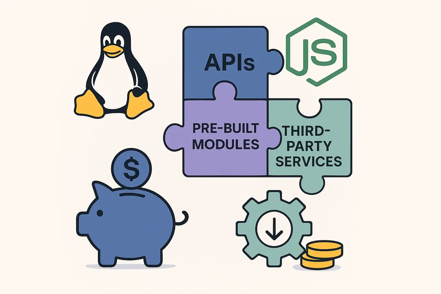 Minimal collage of open source logos and puzzle pieces for APIs, modules, and services forming a larger app, suggesting savings.