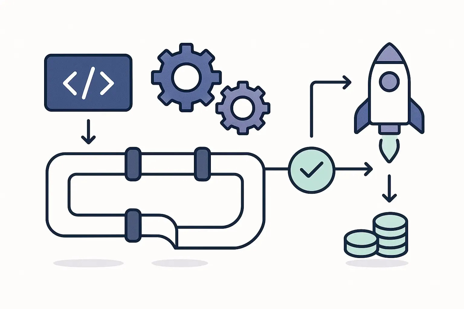 Minimal illustration of DevOps automation with gears, pipelines, and arrows showing code moving through automated quality gates.