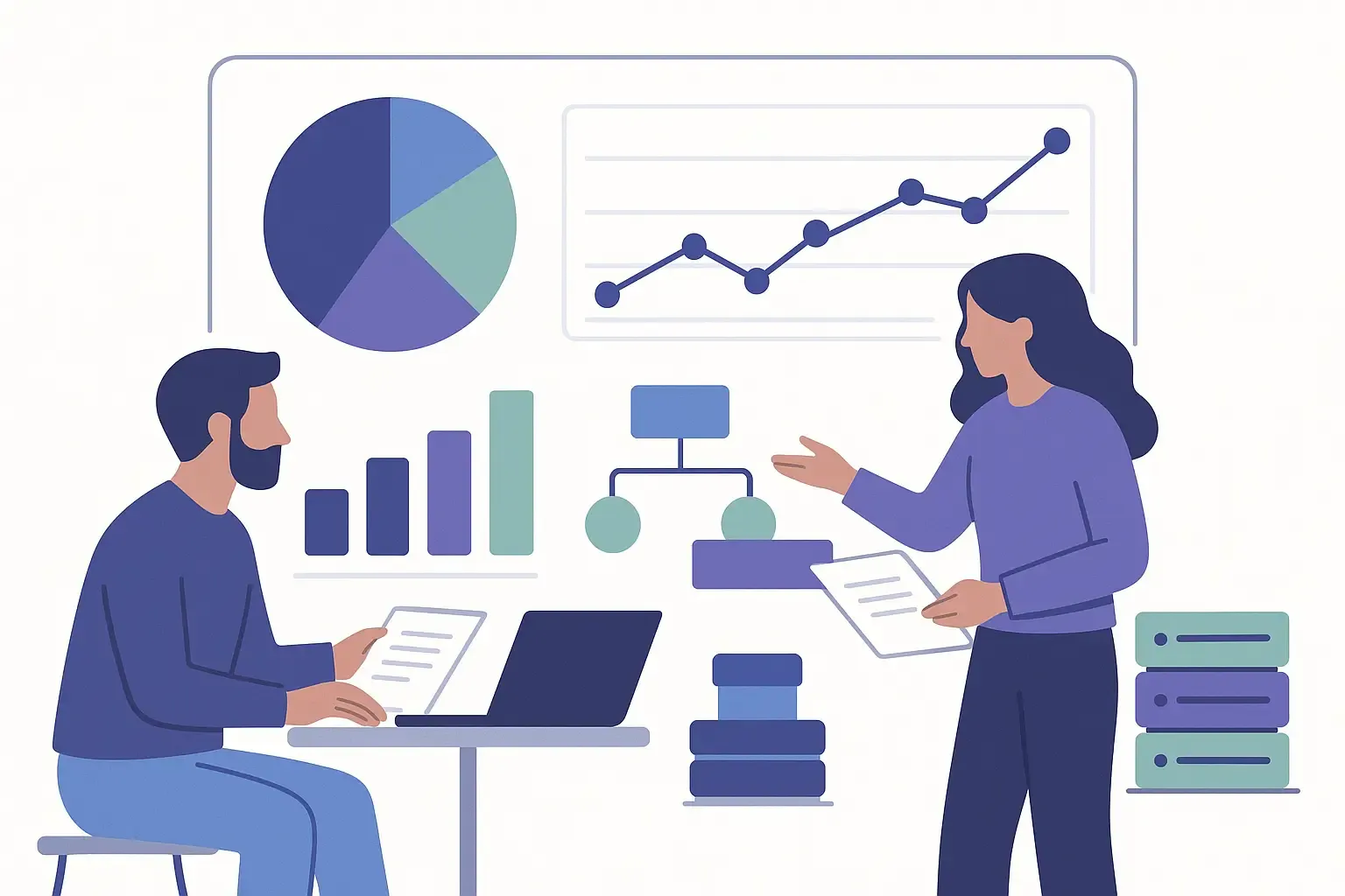 Minimal illustration of dashboards, graphs, flowcharts, and people collaborating to show cost optimization strategies.