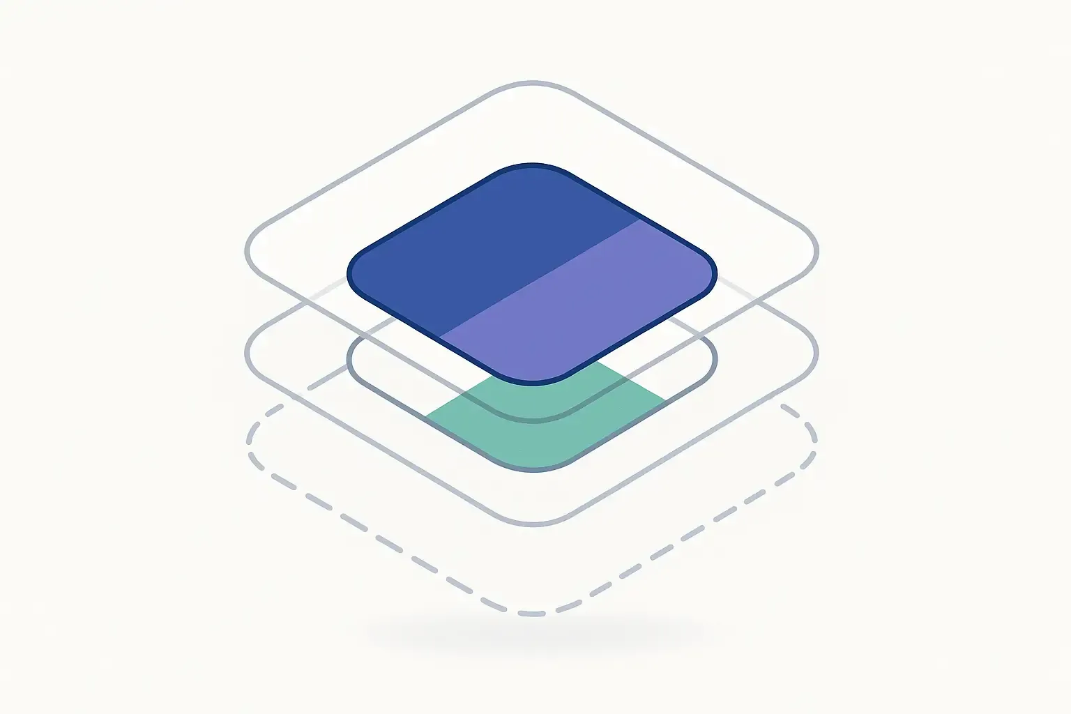 Minimal Notion-style layered diagram showing a colored core feature set with gray outlined optional features for MVP strategy.