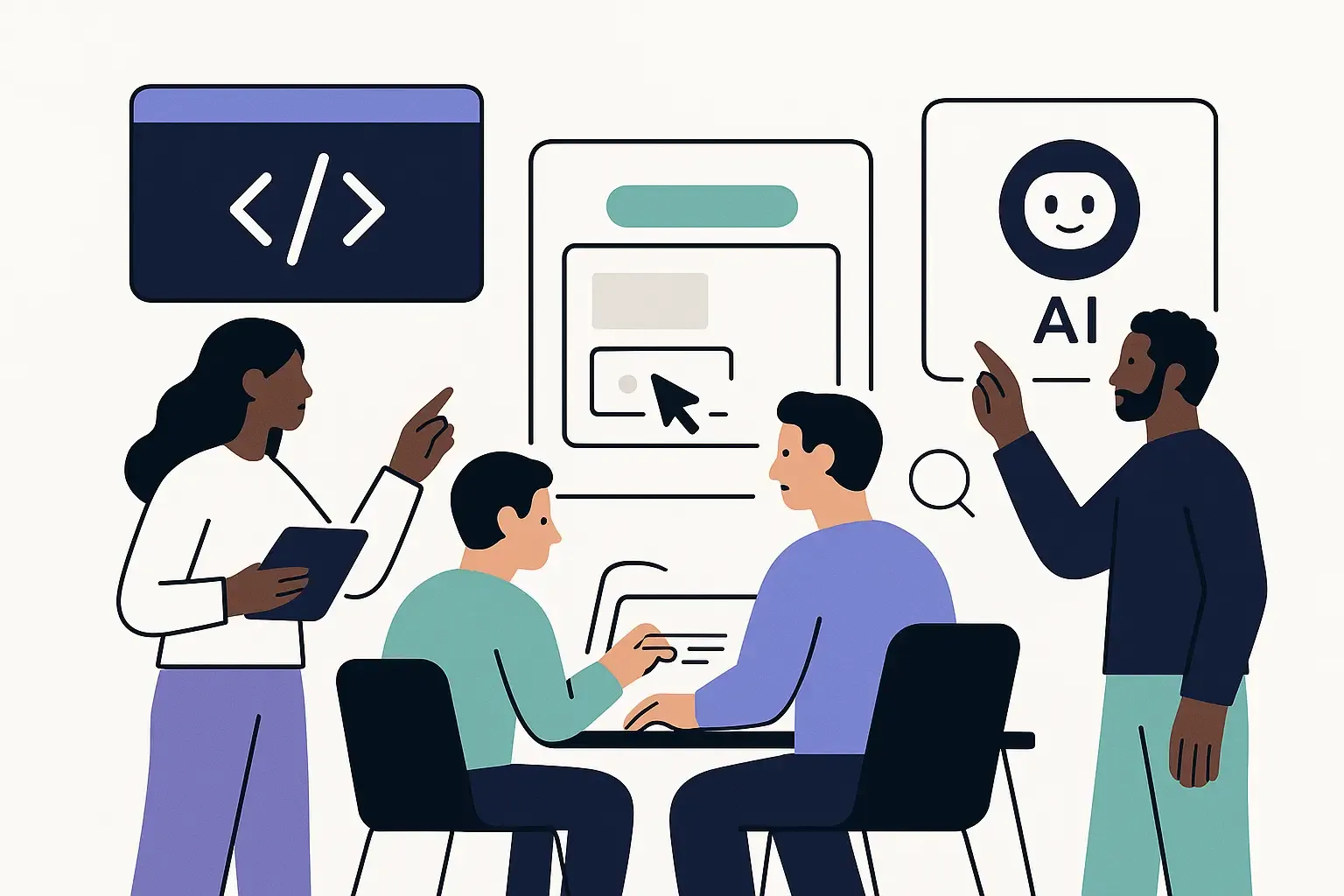 Minimal illustration of a diverse team using AI tools and digital screens for cost-effective software development.