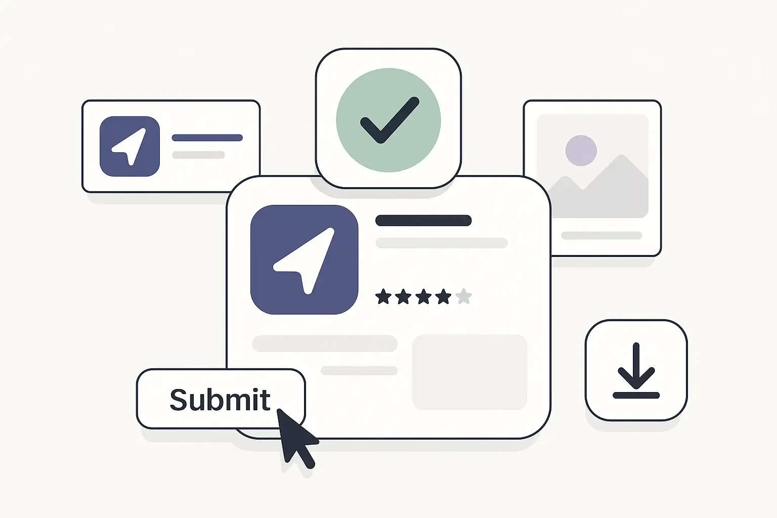 Minimal illustration of navigation app launch: app store page, upload success, review stars, downloads, promo banners.