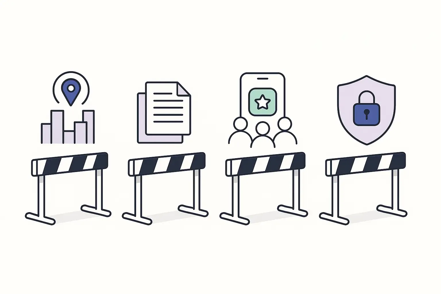 Minimalist illustration of four hurdles with icons: GPS in city, legal documents, app store crowd, and privacy shield.