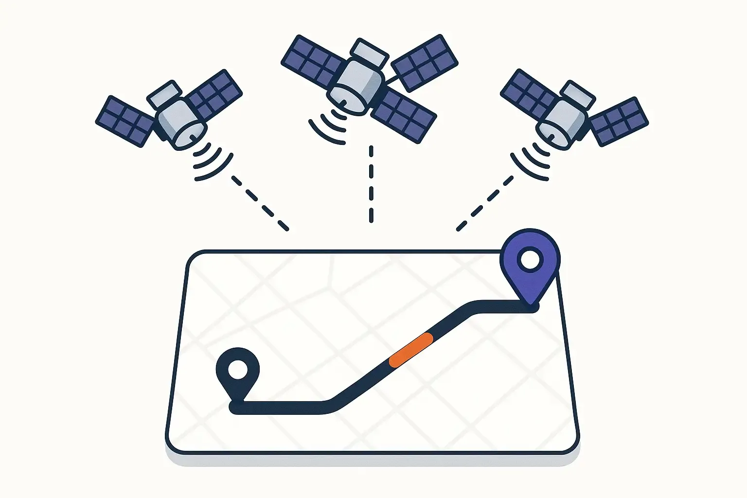 Minimal Notion-style schematic of GPS satellites, digital map, route path, and live traffic overlays for navigation app.