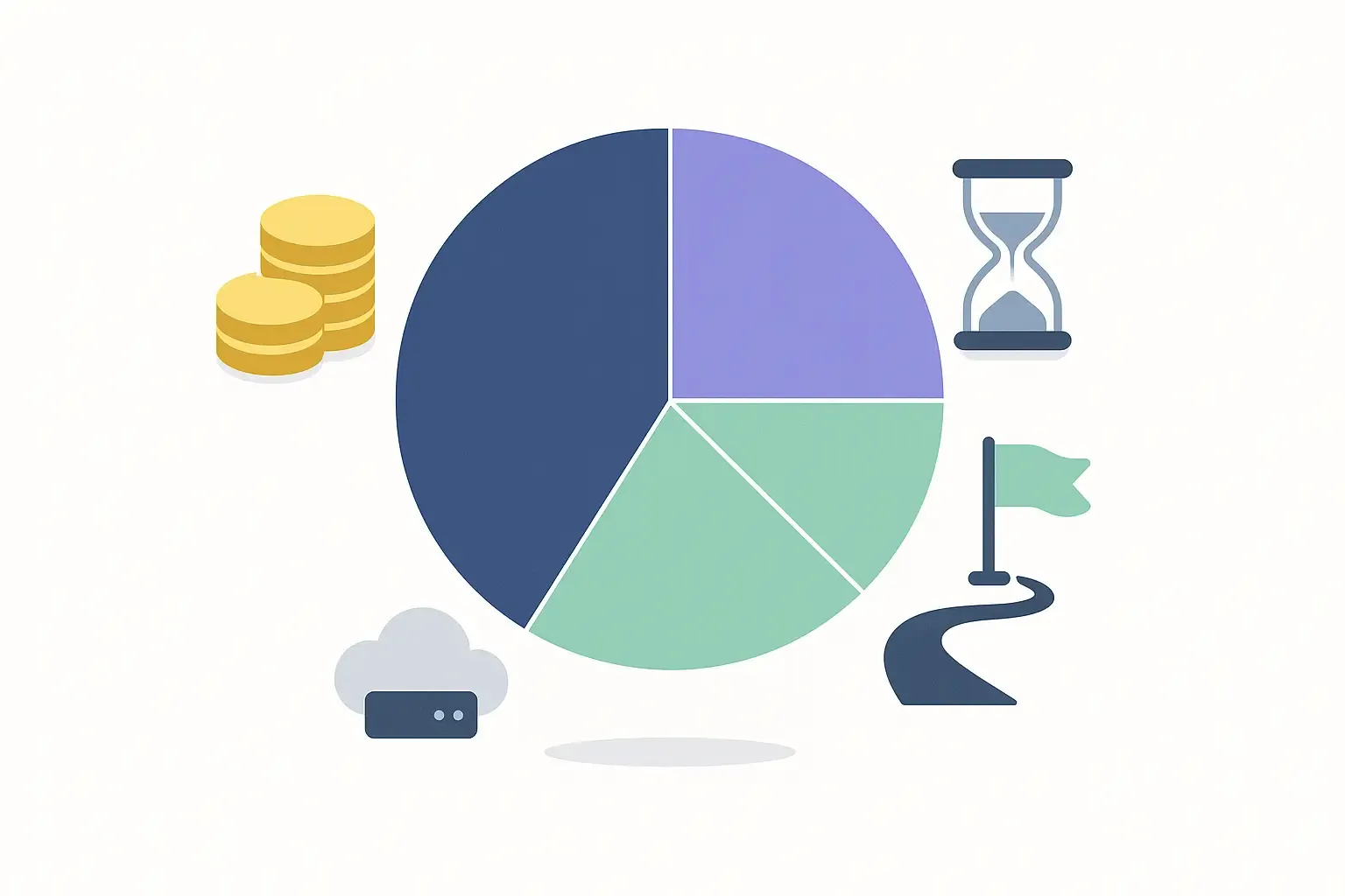 Minimal Notion-style pie chart of navigation app costs with icons for money, timers, and MVP roadmap on a light background.