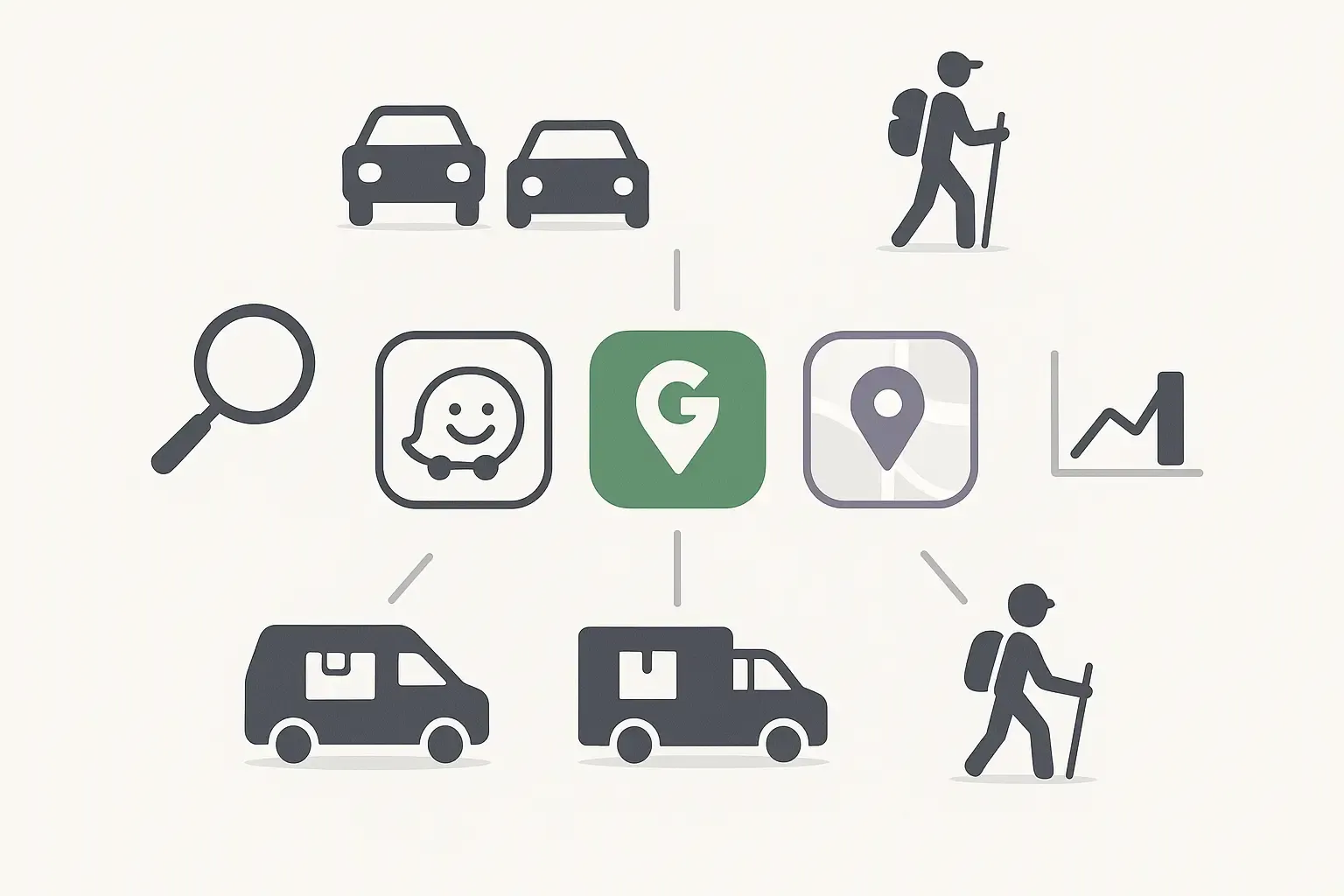 Minimal Notion-style illustration of major GPS app icons, user groups, and research tools for market analysis.