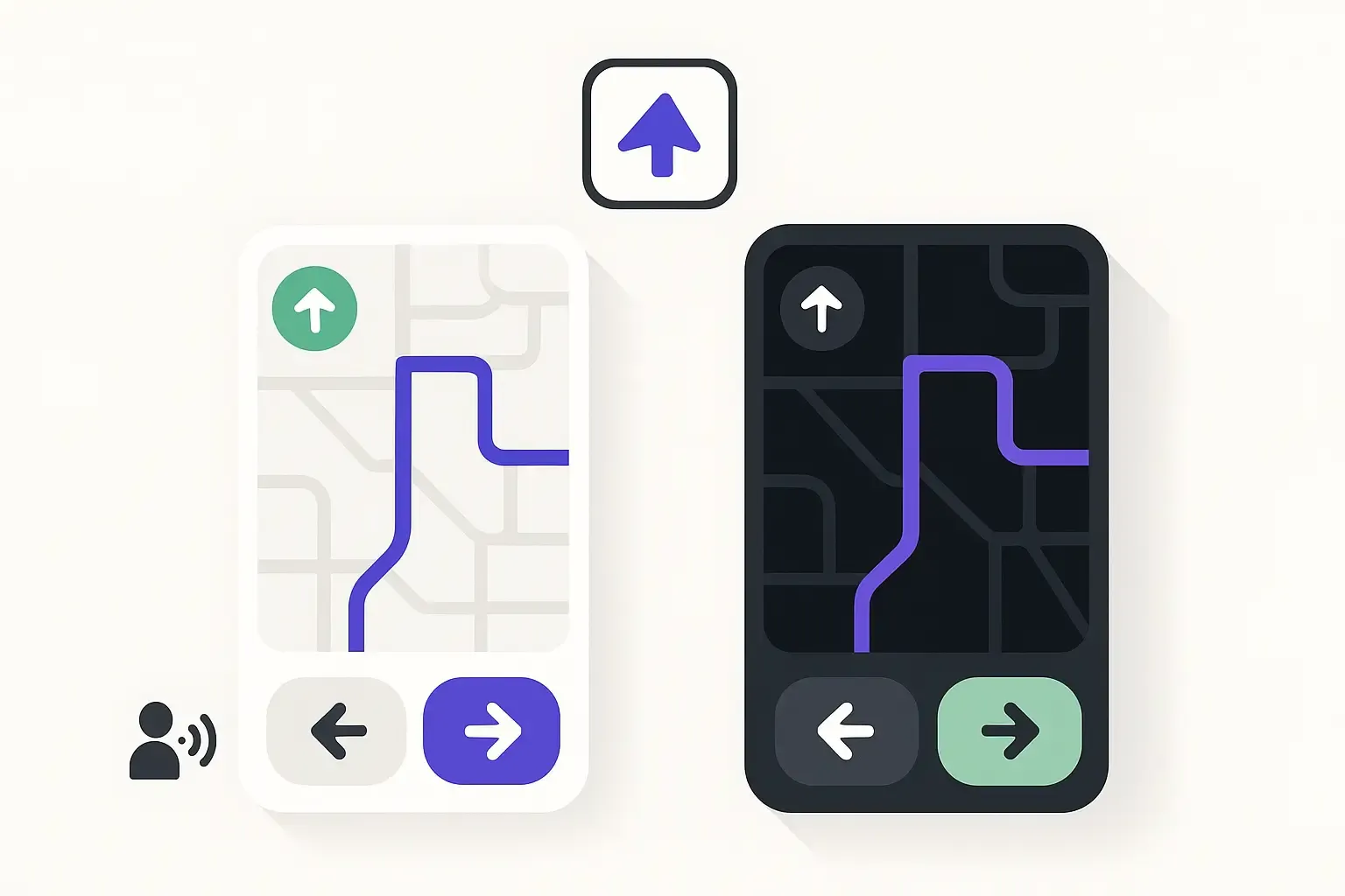 Minimal Notion-style navigation app UI mockup showing day/night modes, large buttons, clear map, and accessibility features.