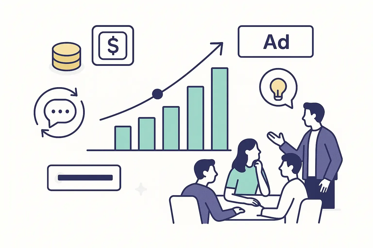 Minimal Notion-style illustration of user growth metrics, monetization icons, ad banner, feedback loop, and team brainstorming.