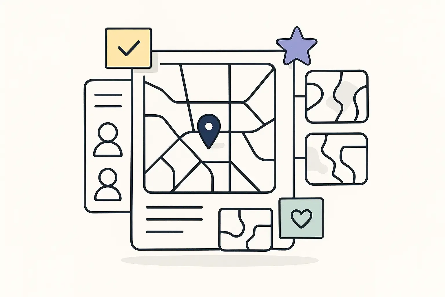 Minimal wireframe of a navigation app with icons for feature types, user avatars, and regional map previews, Notion-style.