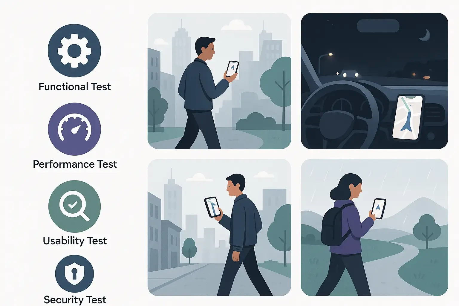 Minimal illustration of testers using a GPS app while driving and walking in various settings, with icons for test types.