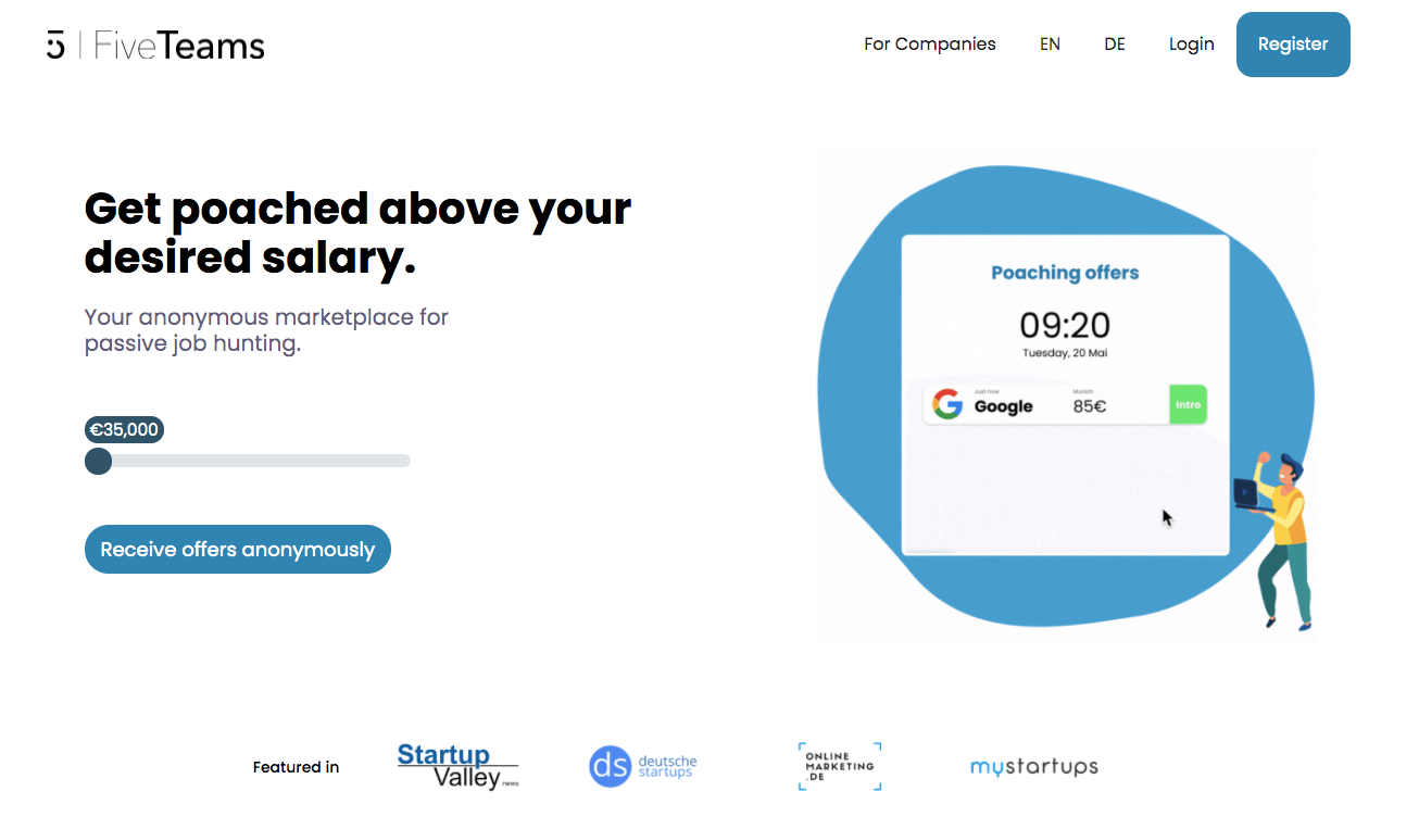 The website of FiveTeams, a recruitment platform built with No Code